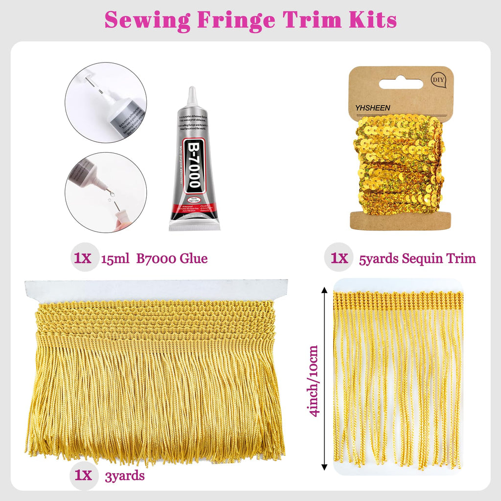 Gold Fringe Trim, 3Yards X 4Inch Fringe Trim with B7000 Glue for Crafts Wedding Birthday Party Decoration,Sewing