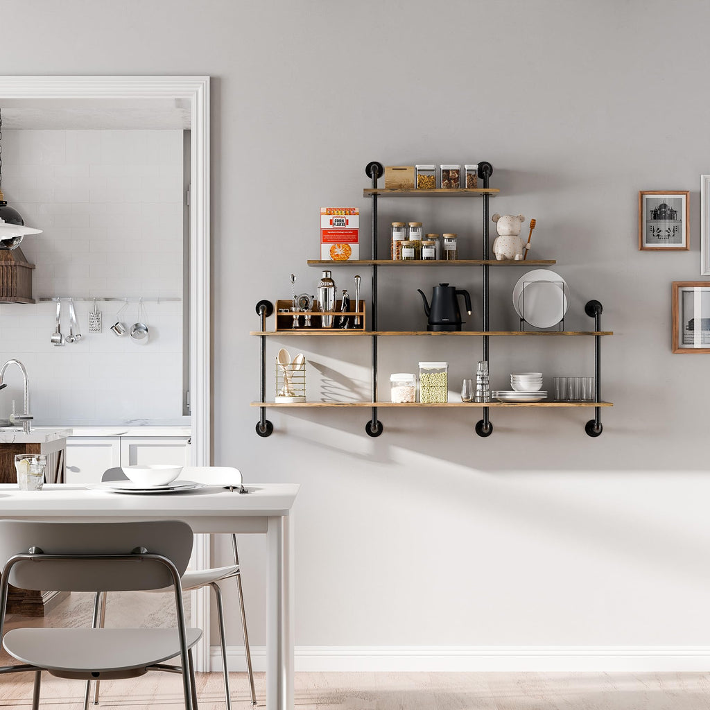 Industrial Pipe Shelving, 4 Tier Rustic Wooden Floating Shelves, Wall Display Bookshelf, Storage Rack Sundries Holder