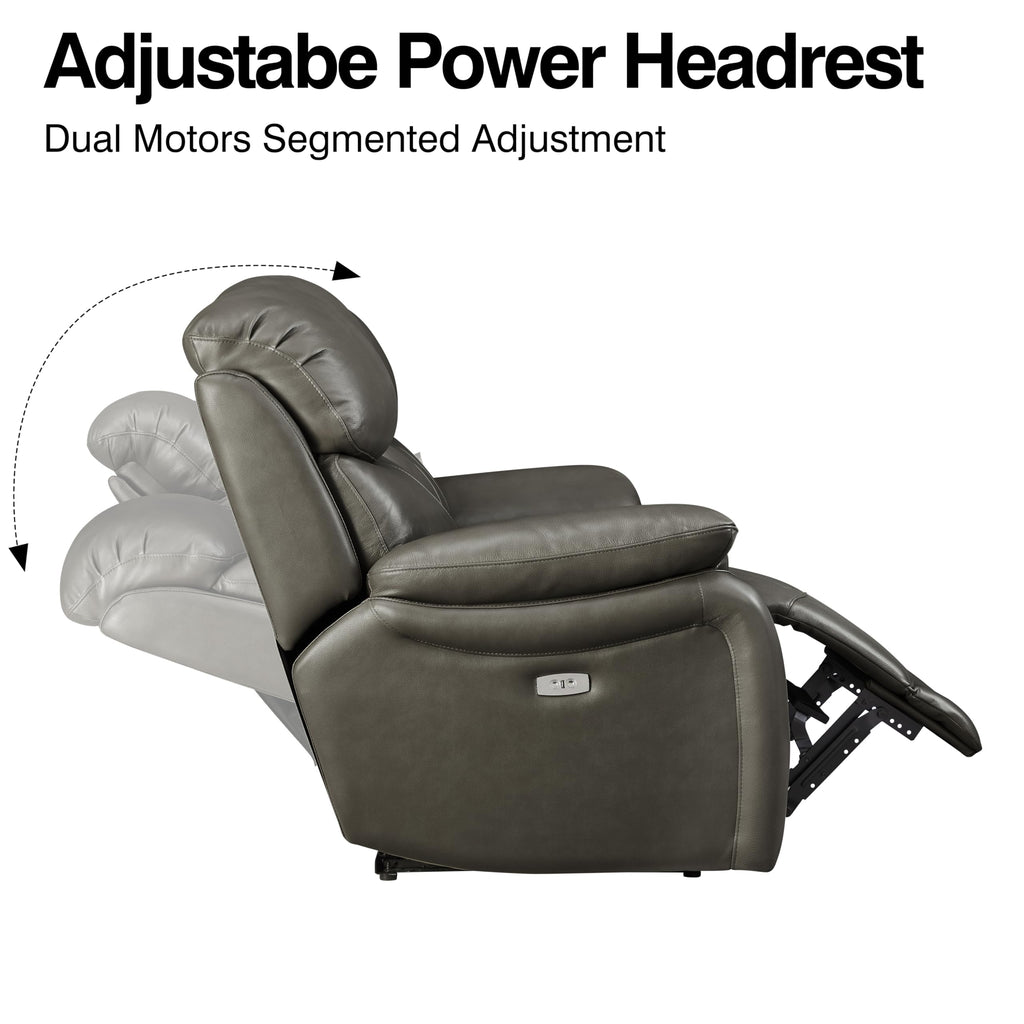 Grey Top Grain Leather Power Recliner Sofa Loveseat with USB Port.