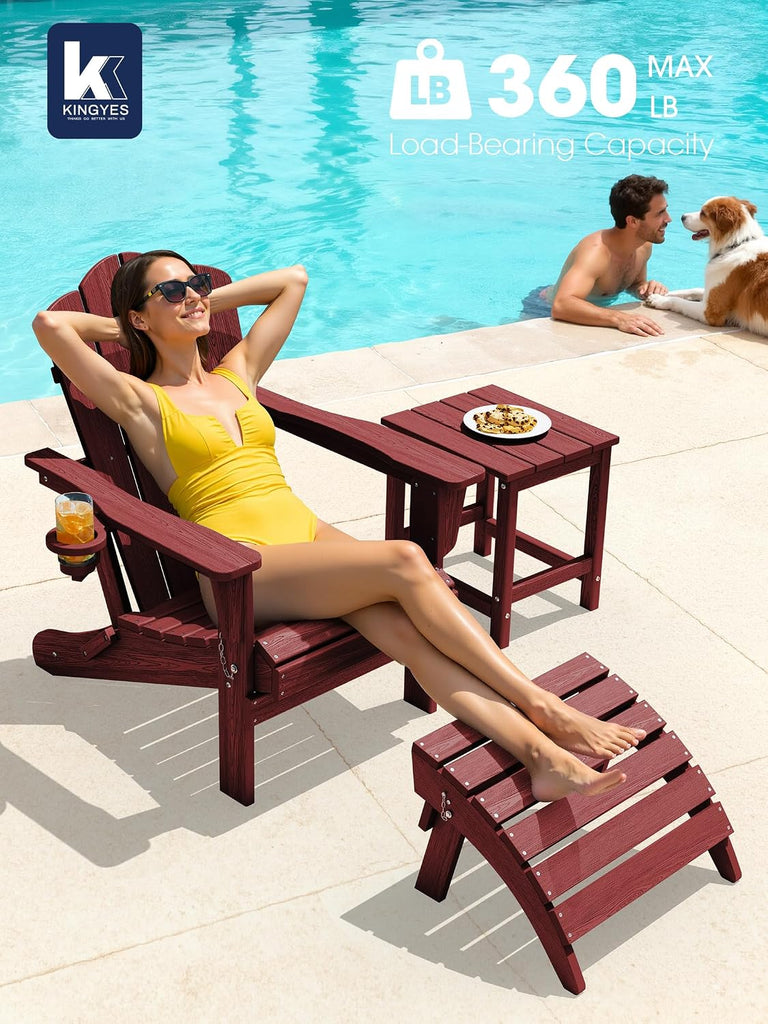 Folding Adirondack Chair Set of 4 with Cup Holder, Red | HDPE All-Weather Patio Chairs, Wooden Textured Lawn Chair