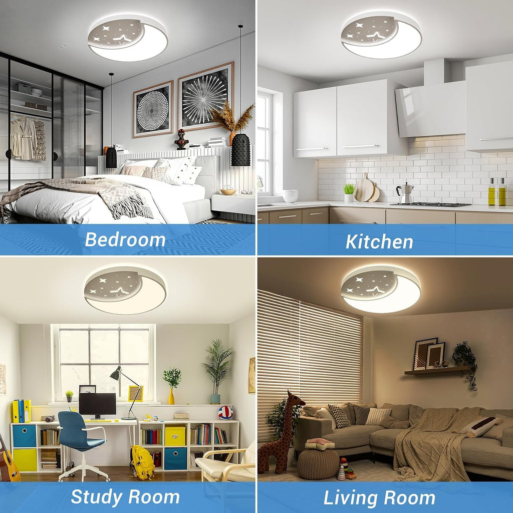 Flush Mount Ceiling Light, Modern Moon & Star Ceiling Light Fixture, 3 Color Temperature LED Bedroom Lighting