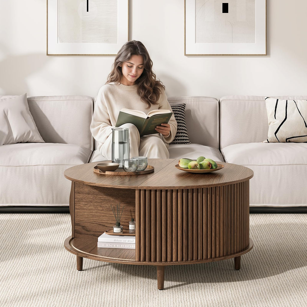 31.5" Round Coffee Table with Storage, Walnut