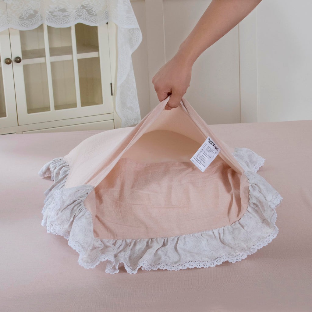 Cal King Camel Floral 100% Washed Cotton Sheets Set, 4 Piece Vintage Ruffle Sheets with Lace Trim, Shabby Rose French