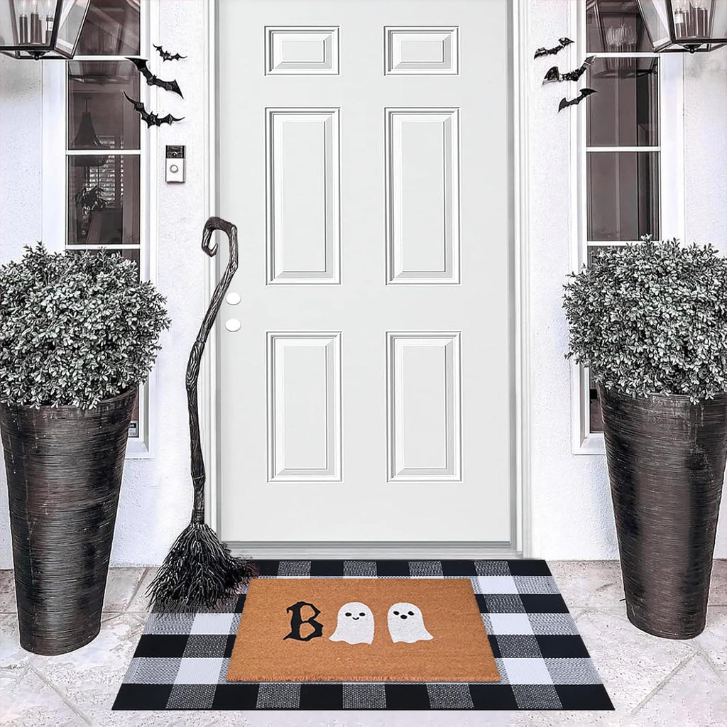 Halloween Door Mat Combo Set, Boo Ghost Coco Coir Welcome Doormat + 28" x 43" Black and White Plaid Rug, Autumn