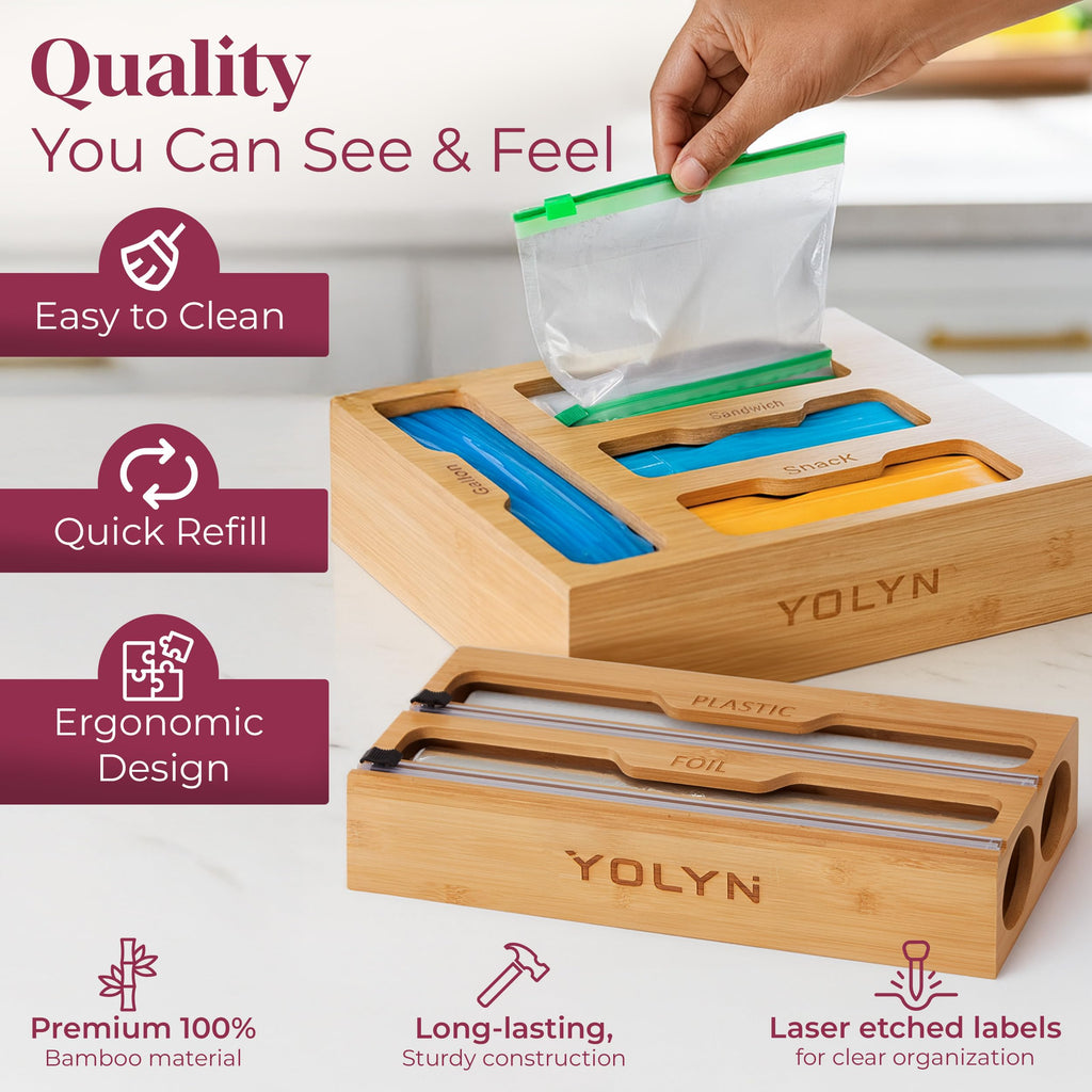 Bamboo Food Storage Bag Organizer for Drawer with Foil & Plastic Wrap Dispenser - Premium Detachable Kitchen