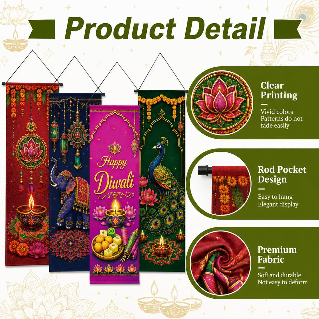 4 Pcs Happy Diwali Banner Set, Diwali Door Decorations 16.1 x 47.2 Inch, Indian Festival of Lights Porch Signs with
