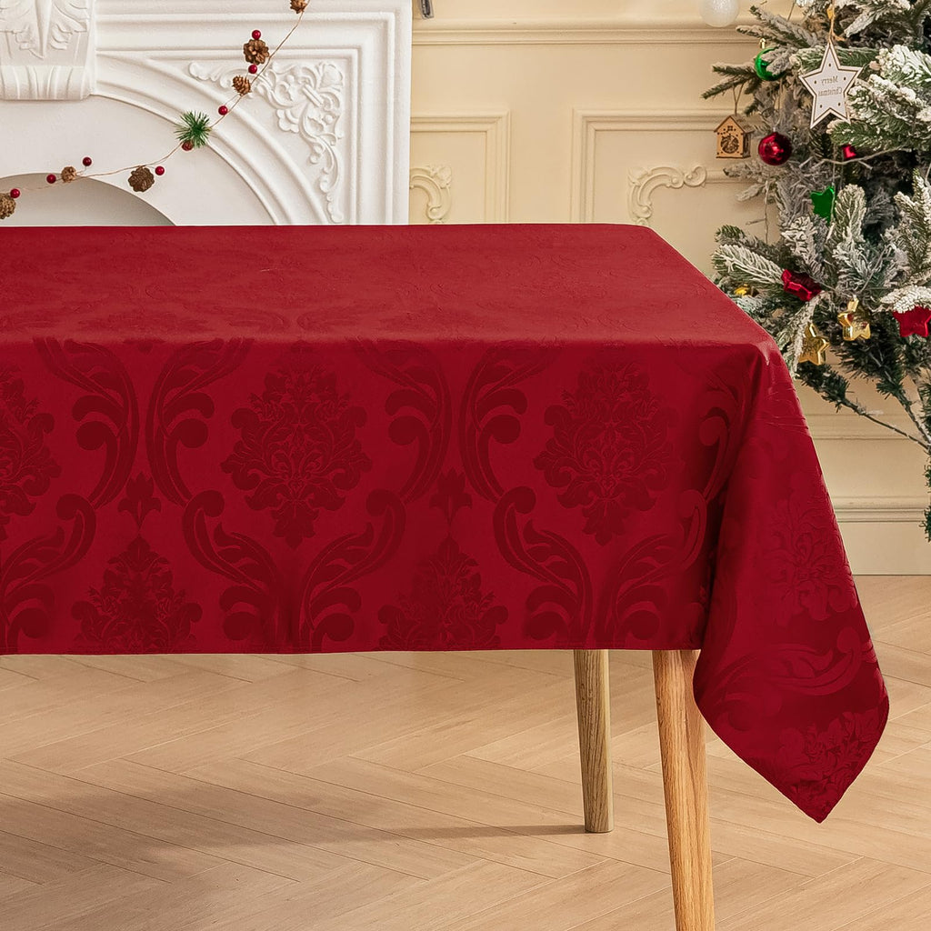 Christmas Jacquard Rectangle Tablecloth with Red Flower - Waterproof Damask Vintage Floral Table Cloth, Xmas
