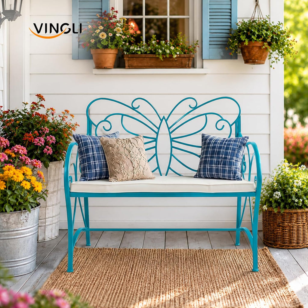 38.7in Cast Iron Outdoor Bench with Cushion, All Weather Resistant Metal Bench with Curved Armrests and Butterfly