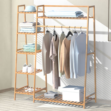 Bamboo Clothing Garment Rack, Free Standing Clothes Coat Hanger, Closet Organizer w/Shoe Rack, Multi-tiered Wardrobe