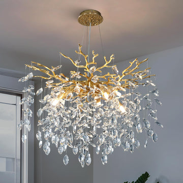 23.6" Modern Gold Tree Branch Chandelier, 8-Light Crystal Chandelier, Luxury Round K9 Crystal Raindrop Chandeliers