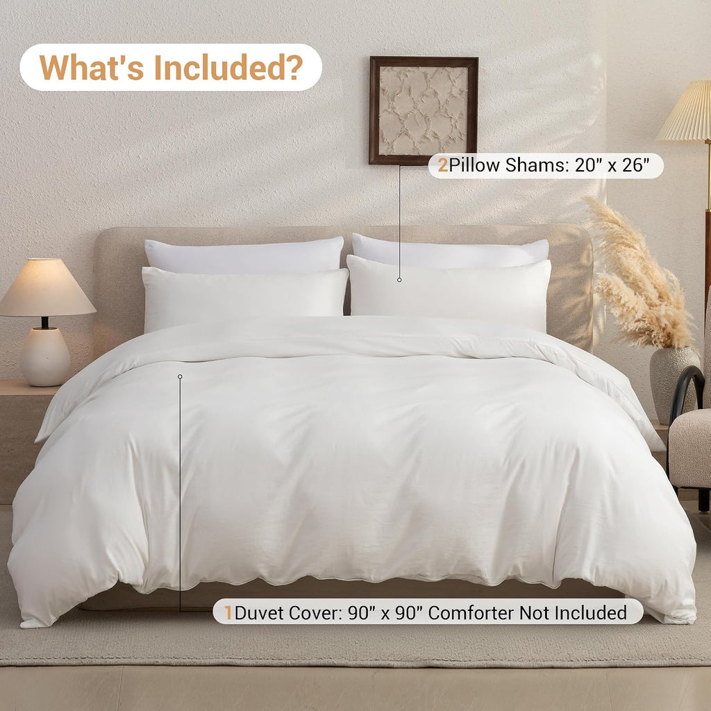 White Queen Duvet Cover Set - 3 Piece Soft Prewashed Microfiber Bedding, Breathable Comforter Cover with Zipper & 8