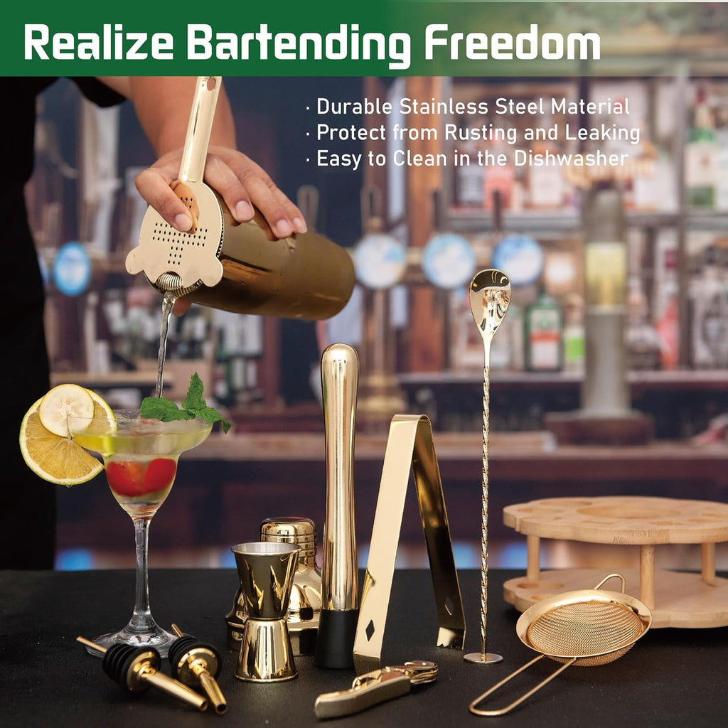 Cocktail Shaker Set Bartender Kit with Rotatble Bamboo Stand, Bar Set Stainless Steel Bar Accessories - Set of 11