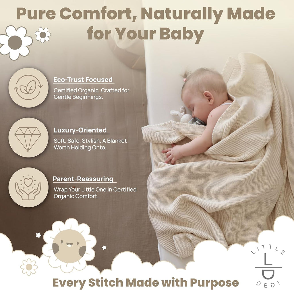 100% Organic Cotton Baby Knitted Blanket with Gift Box - Soft Toddler, Crib, Stroller Blanket - Neutral Swaddle