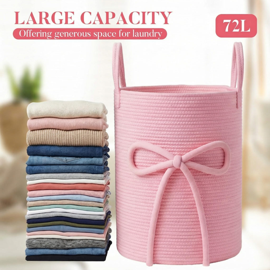 Pink Bow Laundry Basket Large Cotton Rope Storage Basket 16'' x 22'' Woven Laundry Hamper with Handles for Clothes