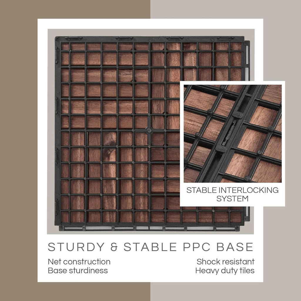 Premium Deck Tiles, Patio Flooring - Set 10 Pcs 12”x12”x0.9” Interlocking Deck Tiles, Waterproof Acacia Wood for