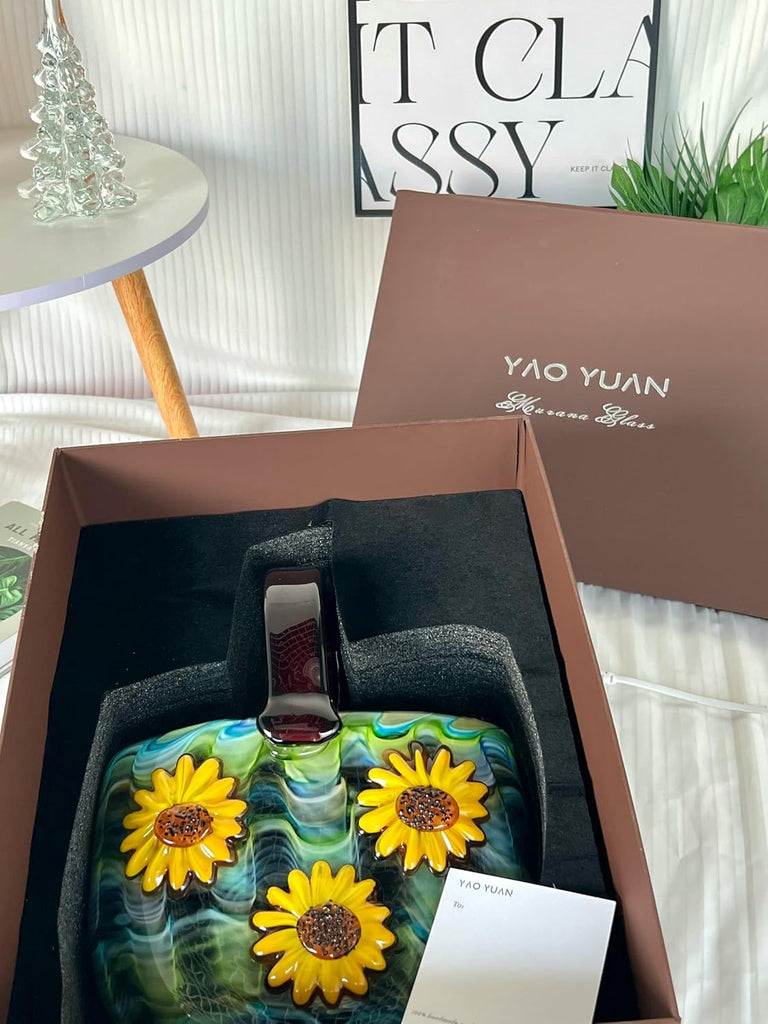 Hand Blown Art Glass Vase Sunflower - 13.4" Murano Style Colorful Sculpture, Unique Bag Design Centerpiece for Table