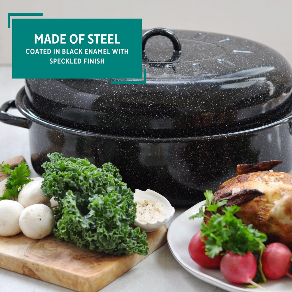 18 Inch Enamel Oval Roaster with Lid for Turkey, Black