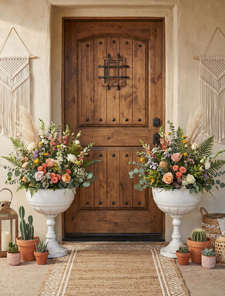 Tall Metal Urn Planters, White Large Flower Pots for Outdoor Plants
