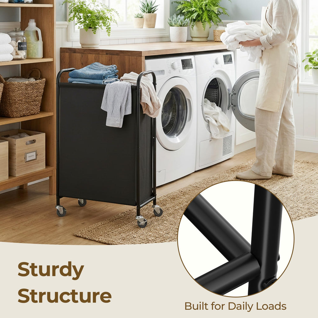 Laundry Hamper, Slim Basket with Wheels and Handles, Black, 80L