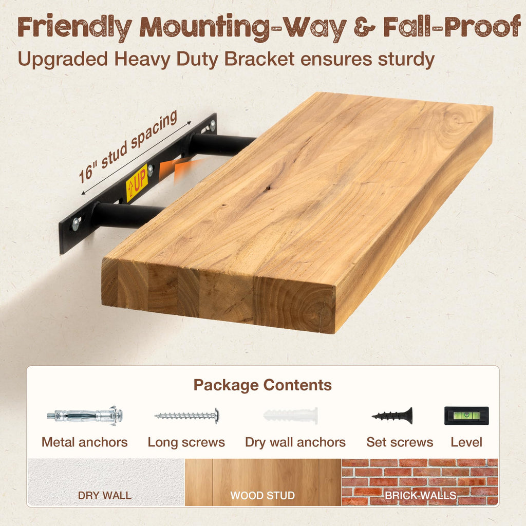 Floating Shelves for Wall, 72 Inch Rustic Solid Elm Wood Shelves