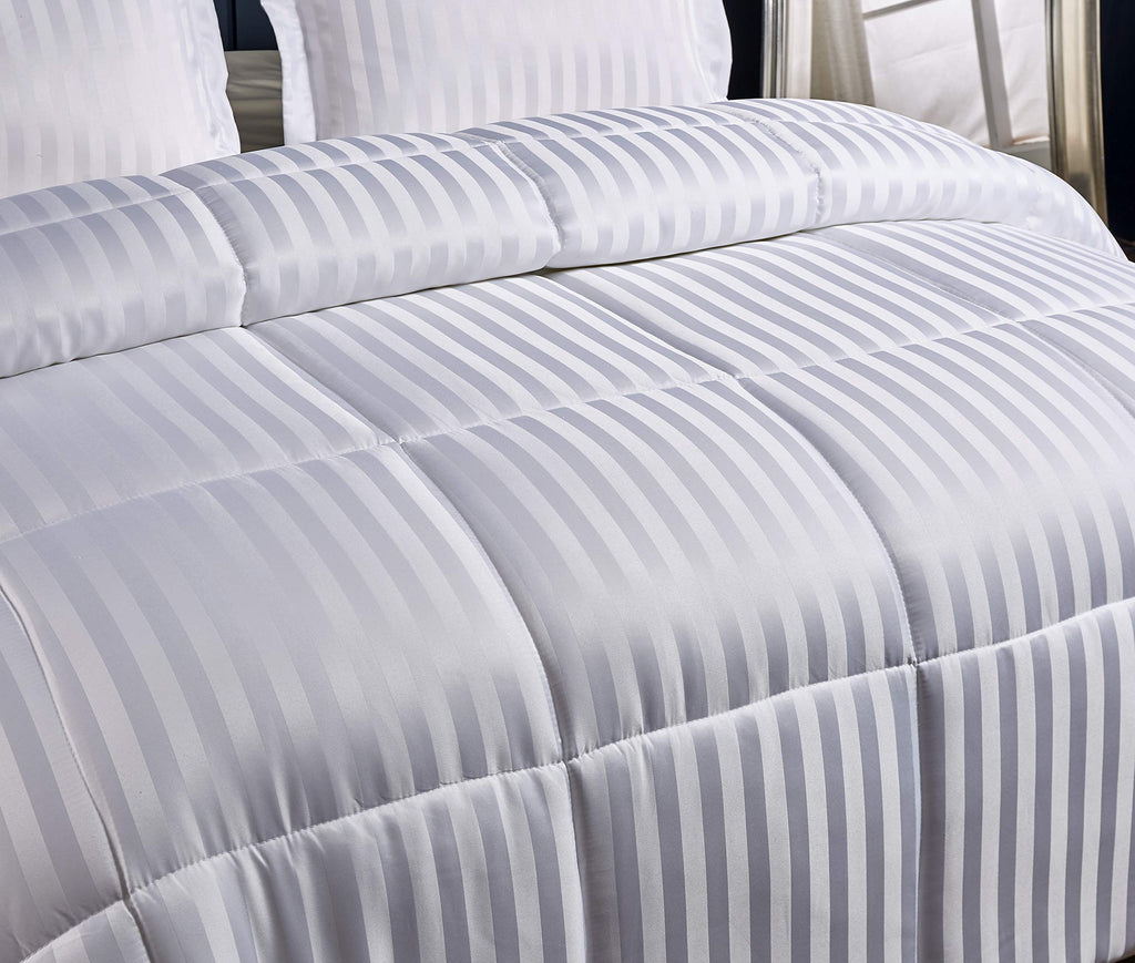 Microfiber Damask Stripe/Solid Reversible Down Alternative Comforter Set - All Season Warmth, Twin, White