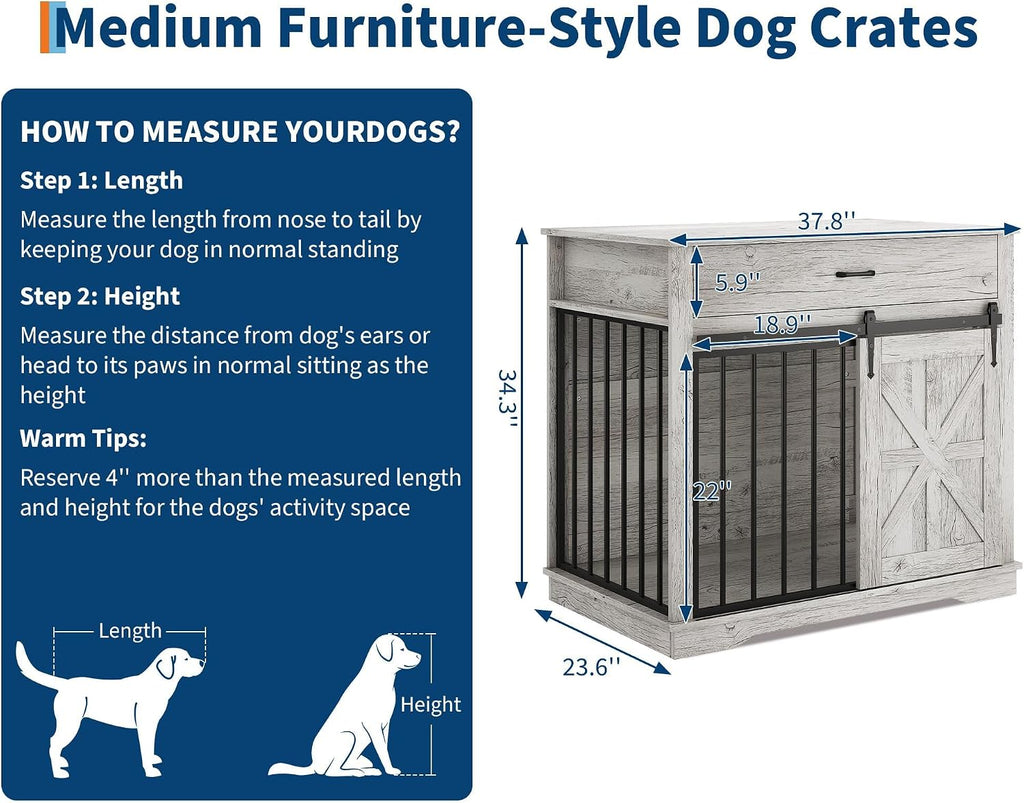 Dog Crate Furniture for Dogs, Farmhouse Style 2-in-1 Dog Crate with Sliding Barn Door, Dual