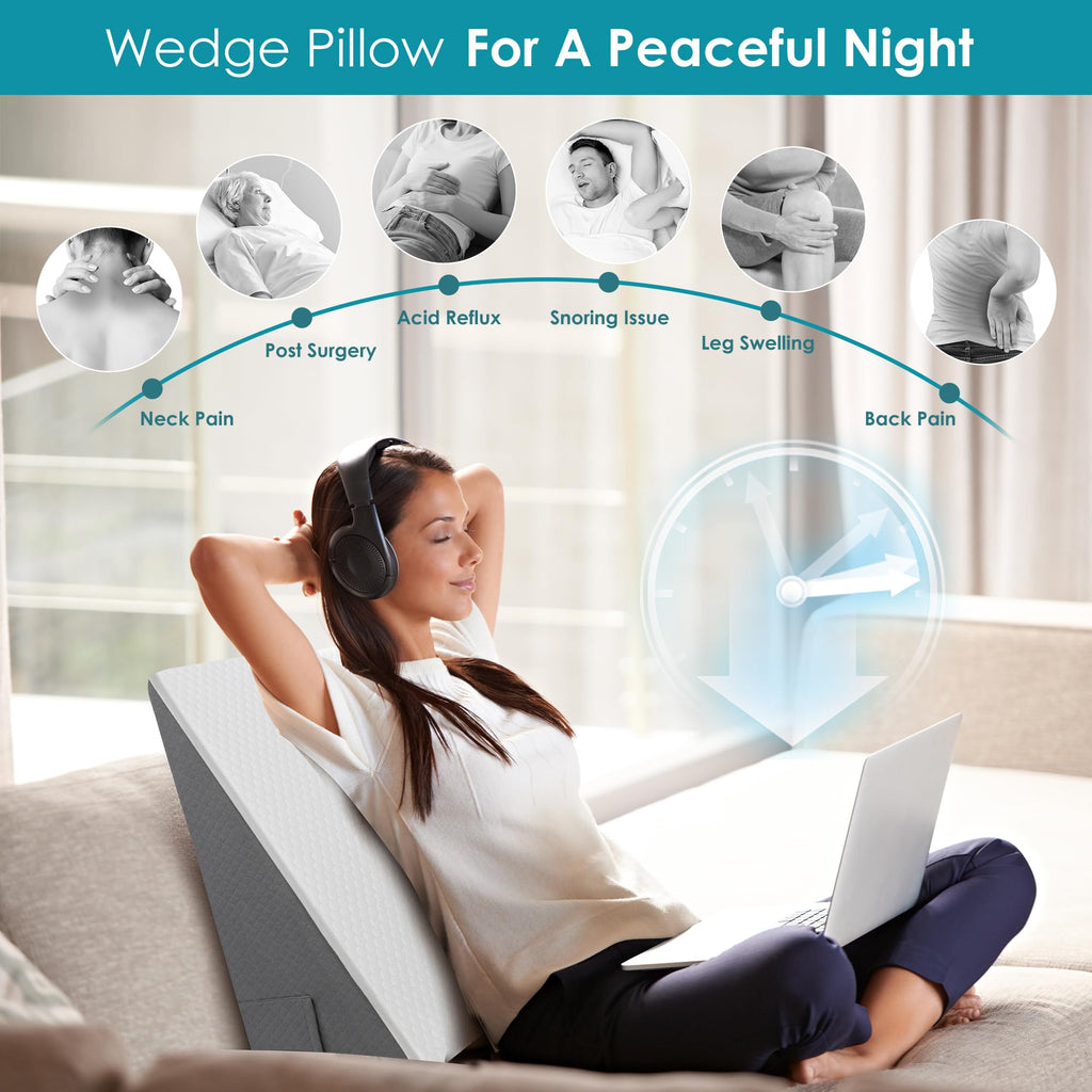 12 inch Bed Wedge Pillow for Sleeping, Reading & Resting, Cooling Memory Foam Incline Pillow Wedge for Adults