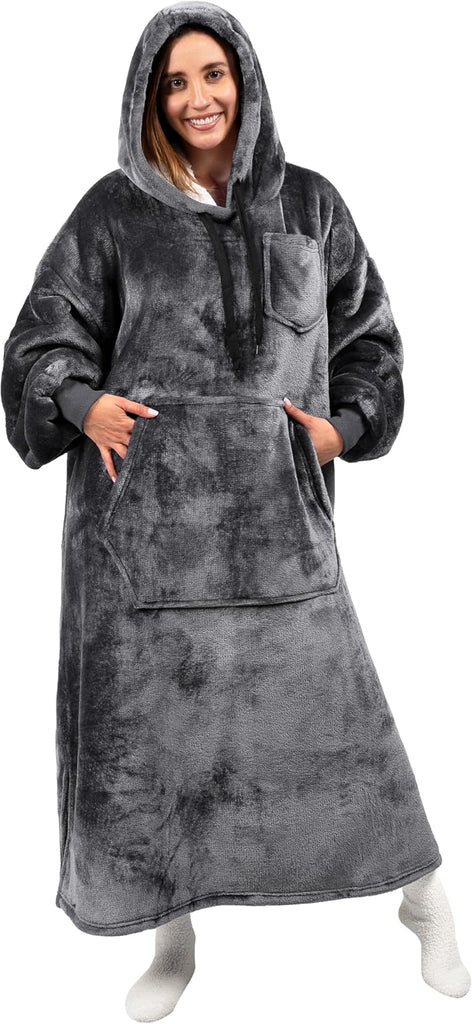 Blanket Hoodie for Women Grey, Sherpa Wearable Blanket Men, Cozy Oversized Sweatshirt Blanket, Warm Fleece Hooded