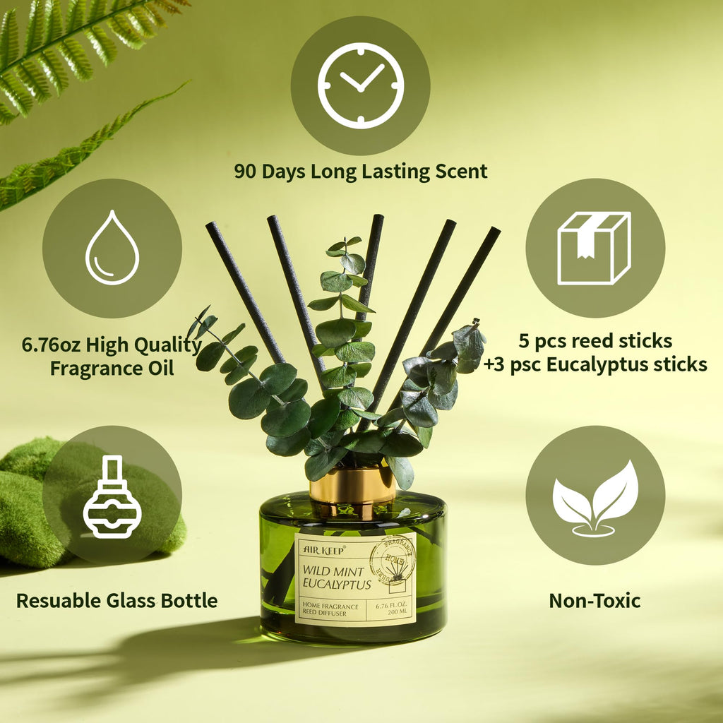 Reed Diffuser Set with 6.76 fl oz Wild Mint & Eucalyptus Scent Essential Oils and 3 Leaves & 8 Diffuser