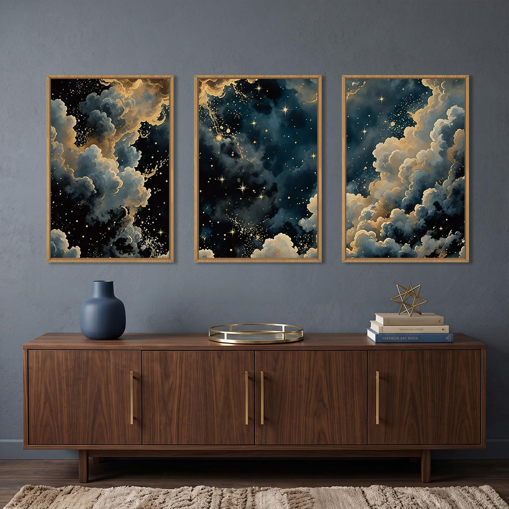 Celestial Starry Night Sky Canvas Framed Wall Art Set -24"x36"x3