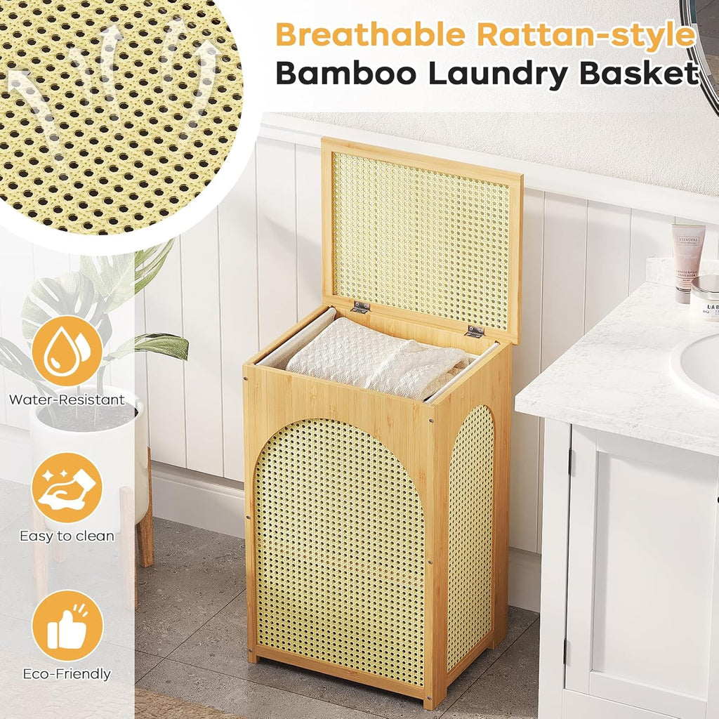 Bamboo Laundry Hamper with Lid, 16.9" x 13.4" x 26.8" Wooden Clothes Basket with Removable Liner Bag, Space-Saving