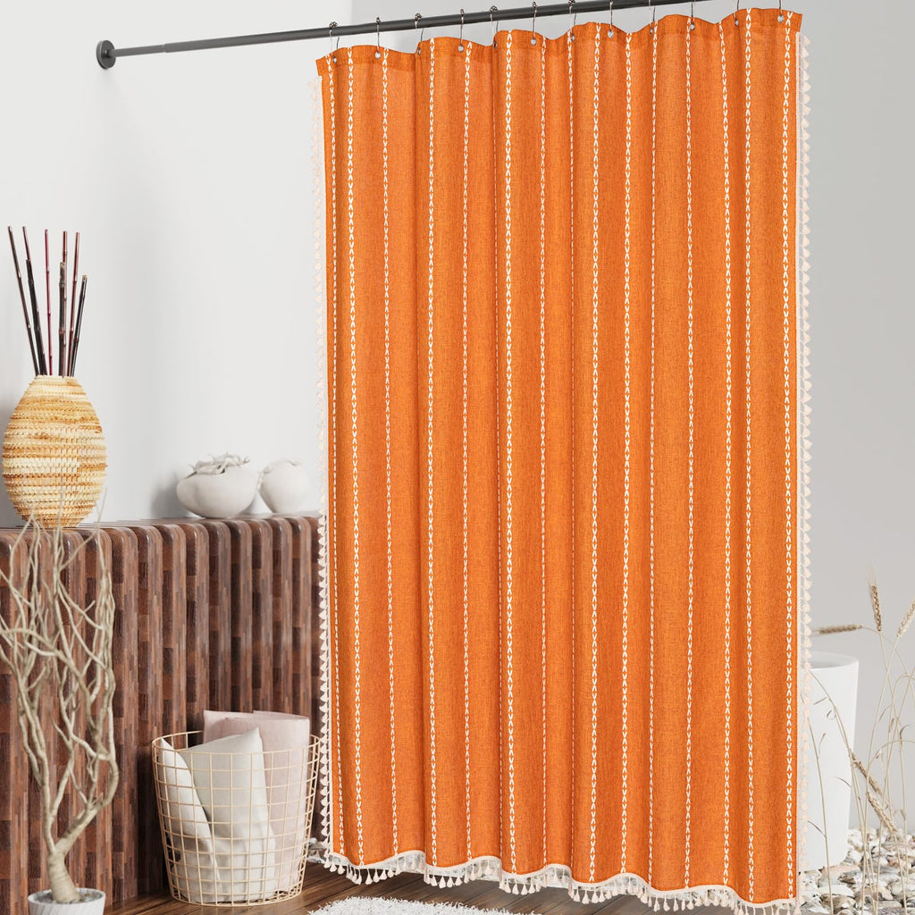 Farmhouse Tassel Linen, 3D Embroidery Stripe Orange, 36x72