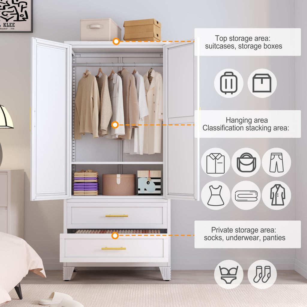 Metal Armoire Wardrobe Closet, 71" Tall Bedroom Closet with Mirror