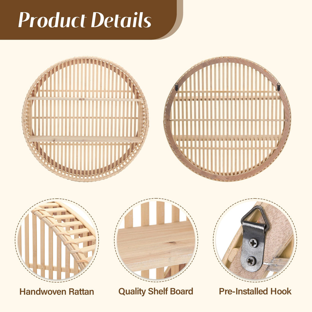 Rattan Wall Shelf 3 Tier Boho Wall Mounted Shelf Farmhouse Handcraft Round Floating Shelf Display Rack Storage