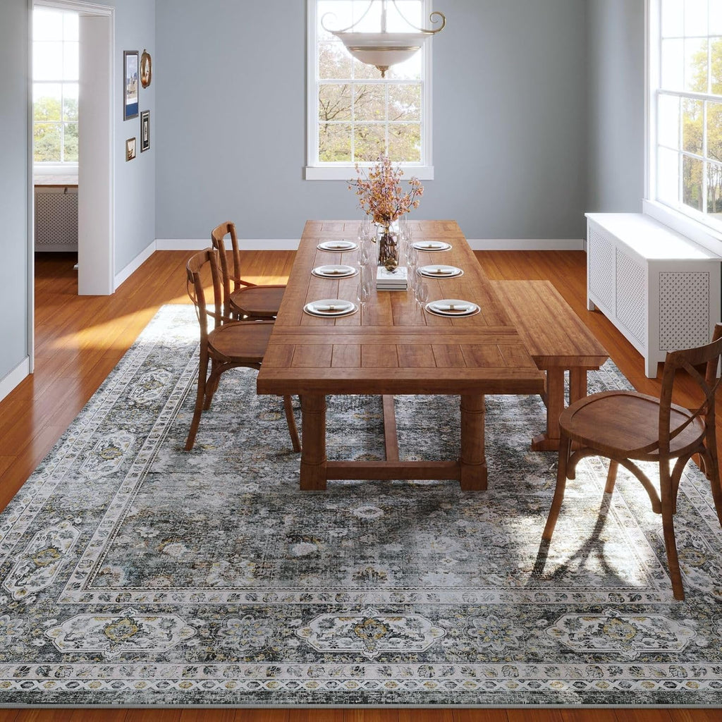 9x12 Rug Washable Boho Soft Large Area Rug Non-Slip Faux Wool Vintage Rug for Living Room, Farmhouse