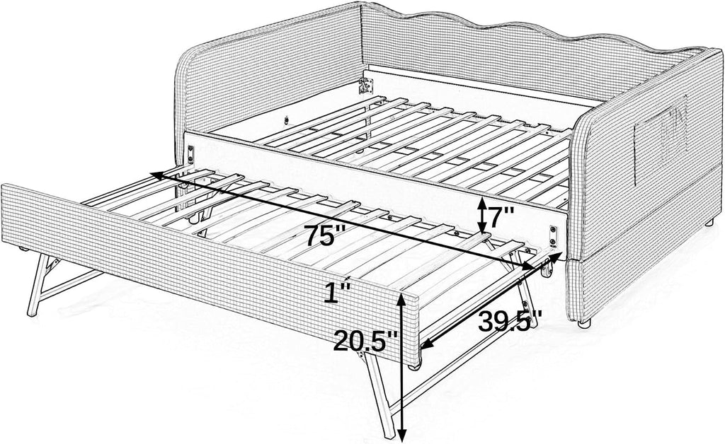 Gingham Daybed with Pop-up Trundle and Side Storage Pockets /Guest Room, Full Size 3-in-1 Convertible Upholstered