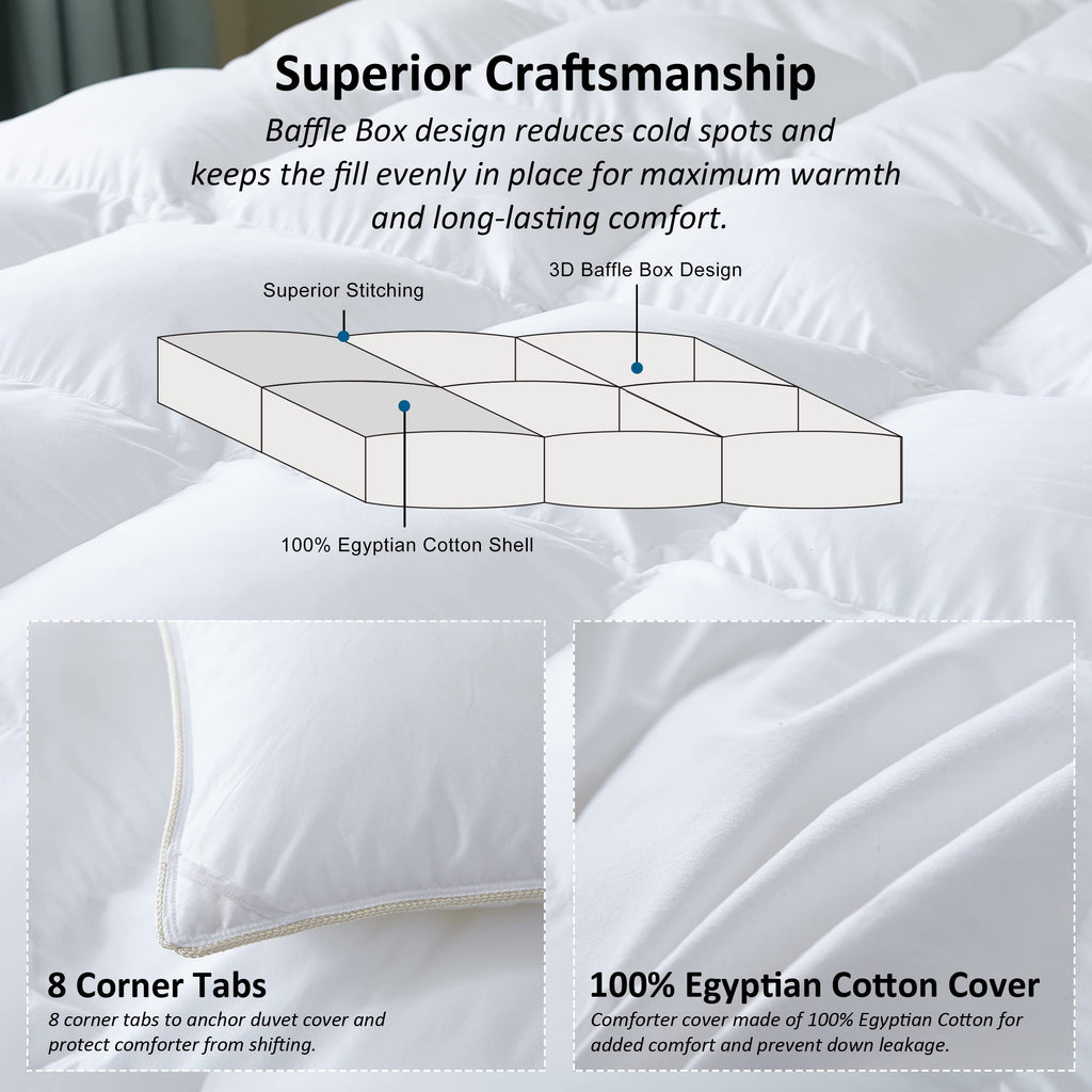 Luxurious Goose Down Feather Fiber Comforter Duvet Insert, Plain Solid Design, White 108 x 98, Premium Baffle Box