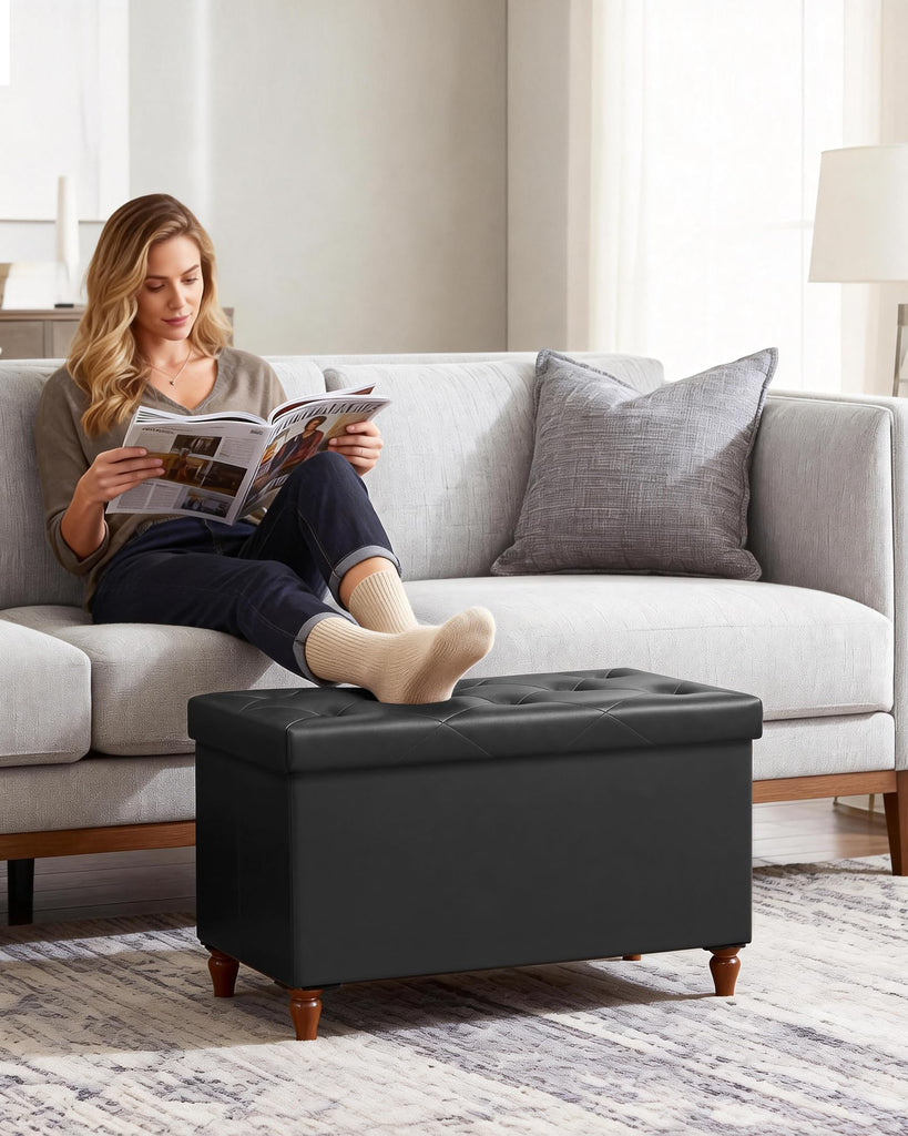 30 Inches Ottoman with Storage, Folding Bench with Legs, Black
