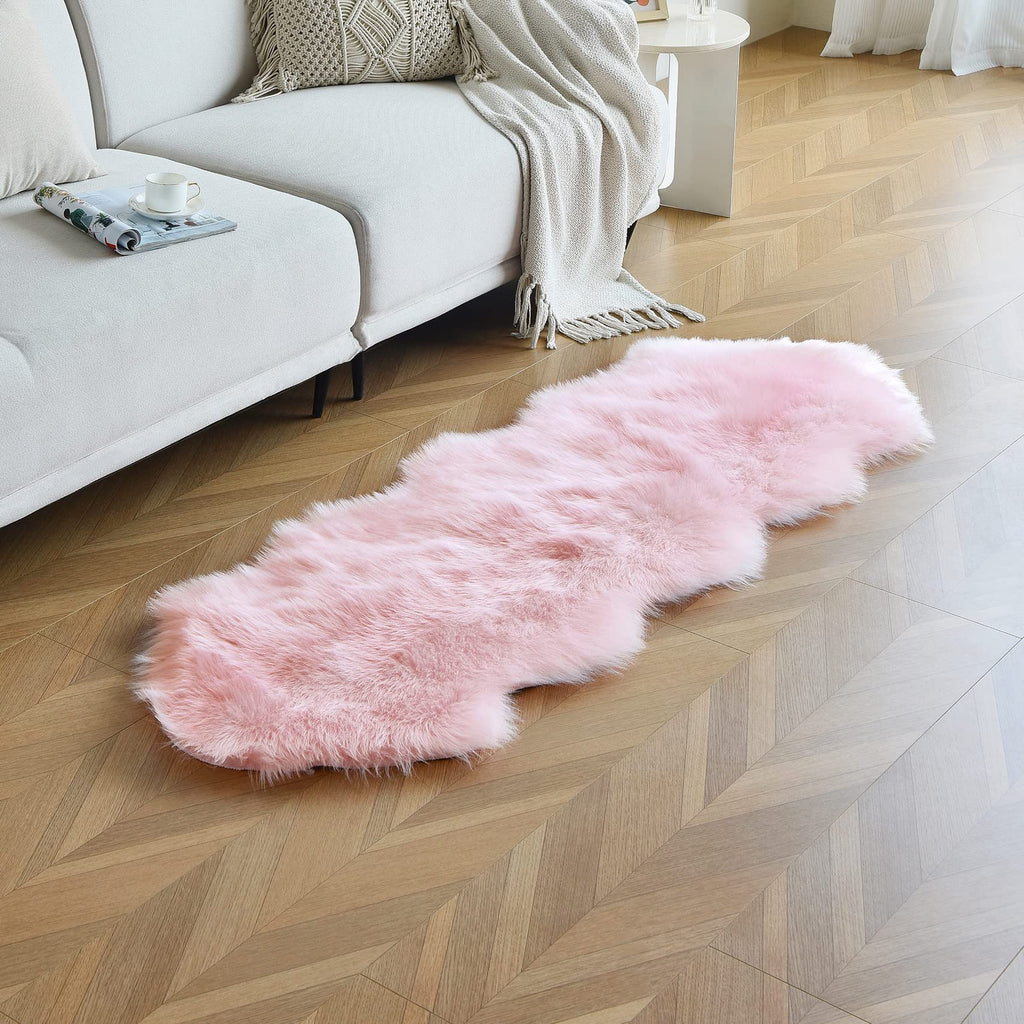 Pink Faux Sheepskin Runner Rugs 2x6 ft, Fluffy Fur Couch Covers
