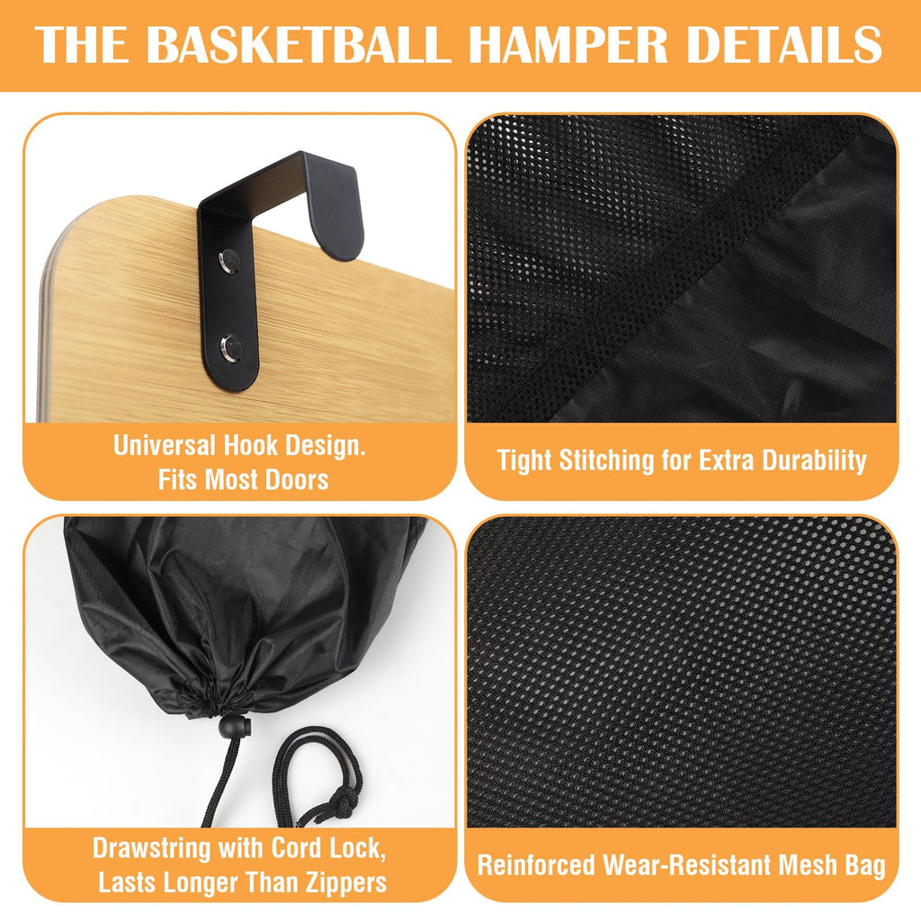 Wooden Basketball Laundry Hamper with Drawstring for Kids Room