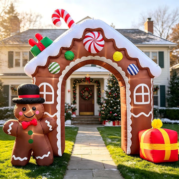 11FT Christmas Inflatable Gingerbread House Archway, Blow Up Cookie House with Candy Cane, Cute Bow Tie Gingerbread