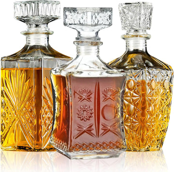 Whiskey Decanter, Premium Crystal Spirits Decanter for Scotch, Bourbon, Vodka & Whisky, Ideal Barware & Gift - Set of 3