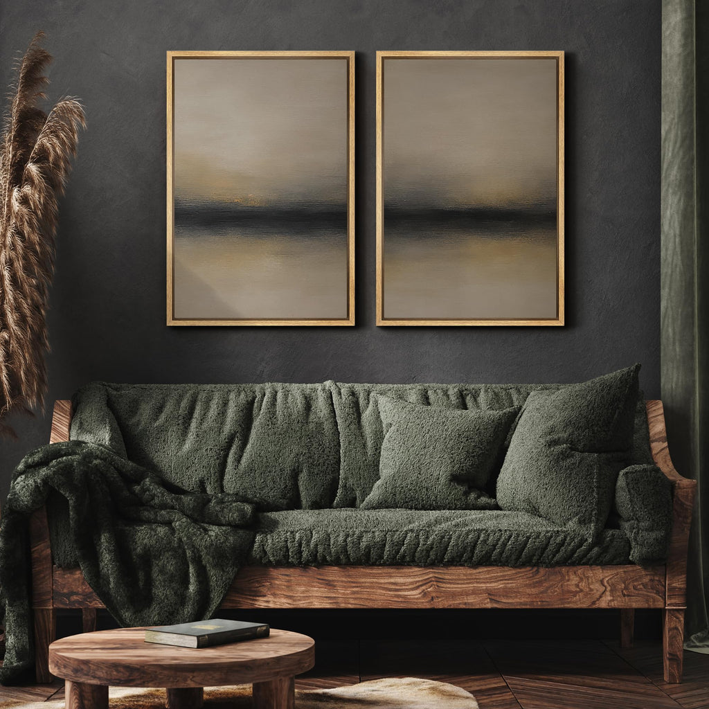 Framed Canvas Print Wall Art Abstract Sunset Horizon Modern Minimalist Beige and Black Illustrations Modern Art