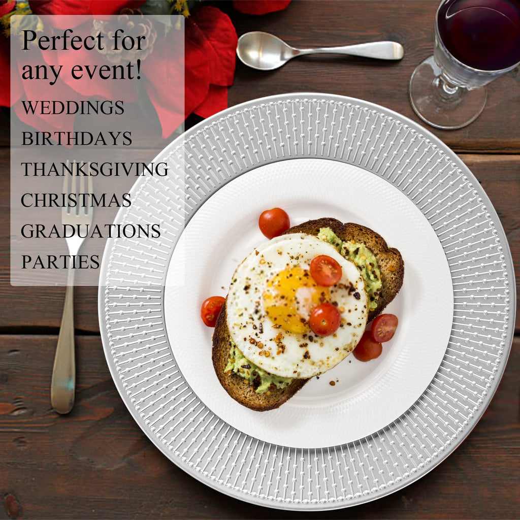 12 Pack Silver Charger Plate, 13-inch Beaded Chargers for Dinner Plates, Plastic Reusable Round Charger Platters