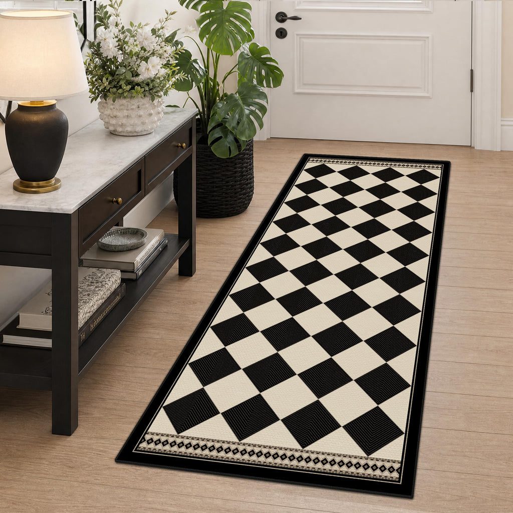 Black and White Checkered Easy Jute Laundry Room Rug Runner, Laundry Floor Mat, Washable Non Slip Diamond Boho