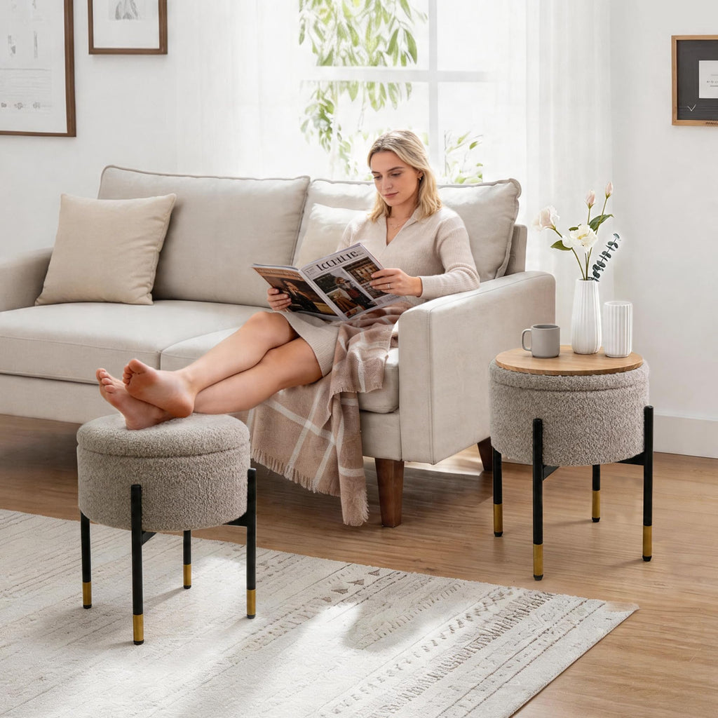 Round Ottoman with Storage, Soft Boucle Teddy Fabric Vanity Stool, Ottoman Coffee Table with Metal Legs, Foot Stool
