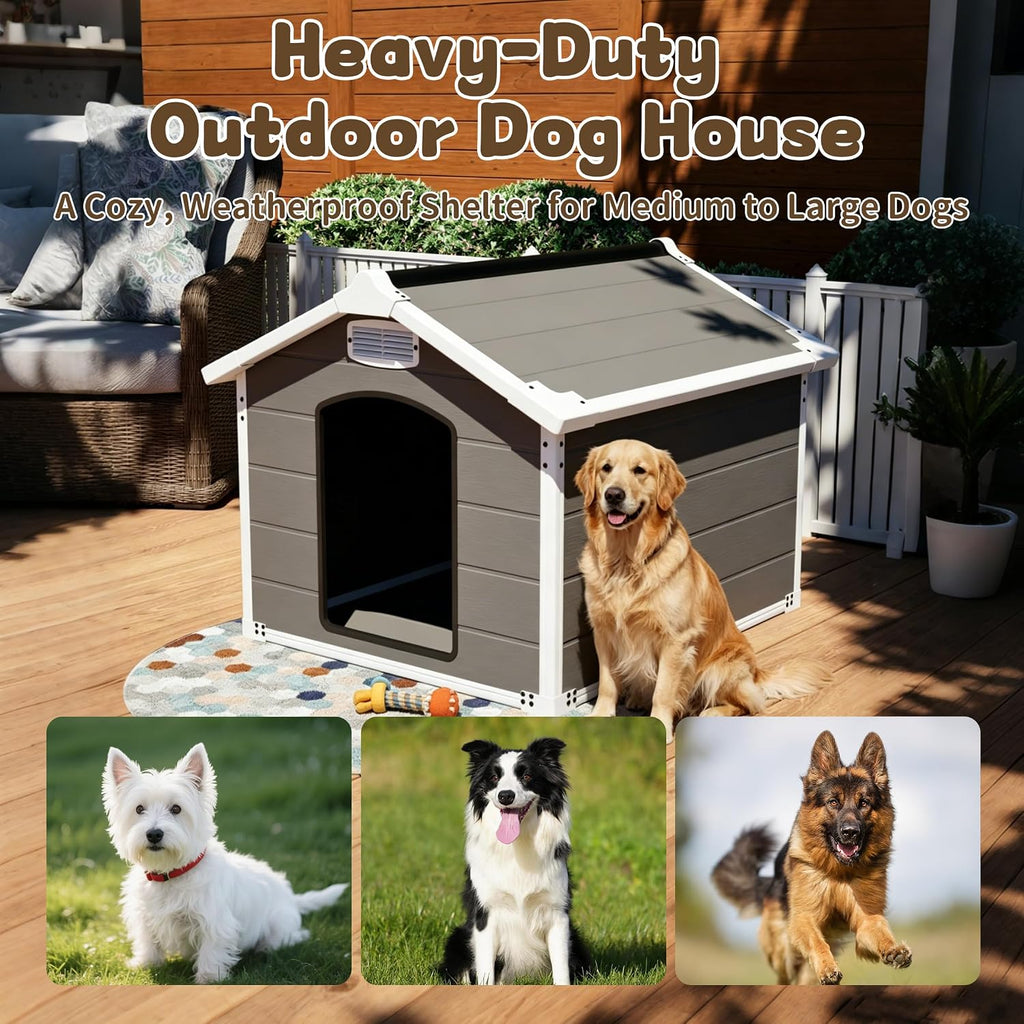 Large Dog House Outdoor Indoor, Waterproof Plastic Shelter, Air Vents