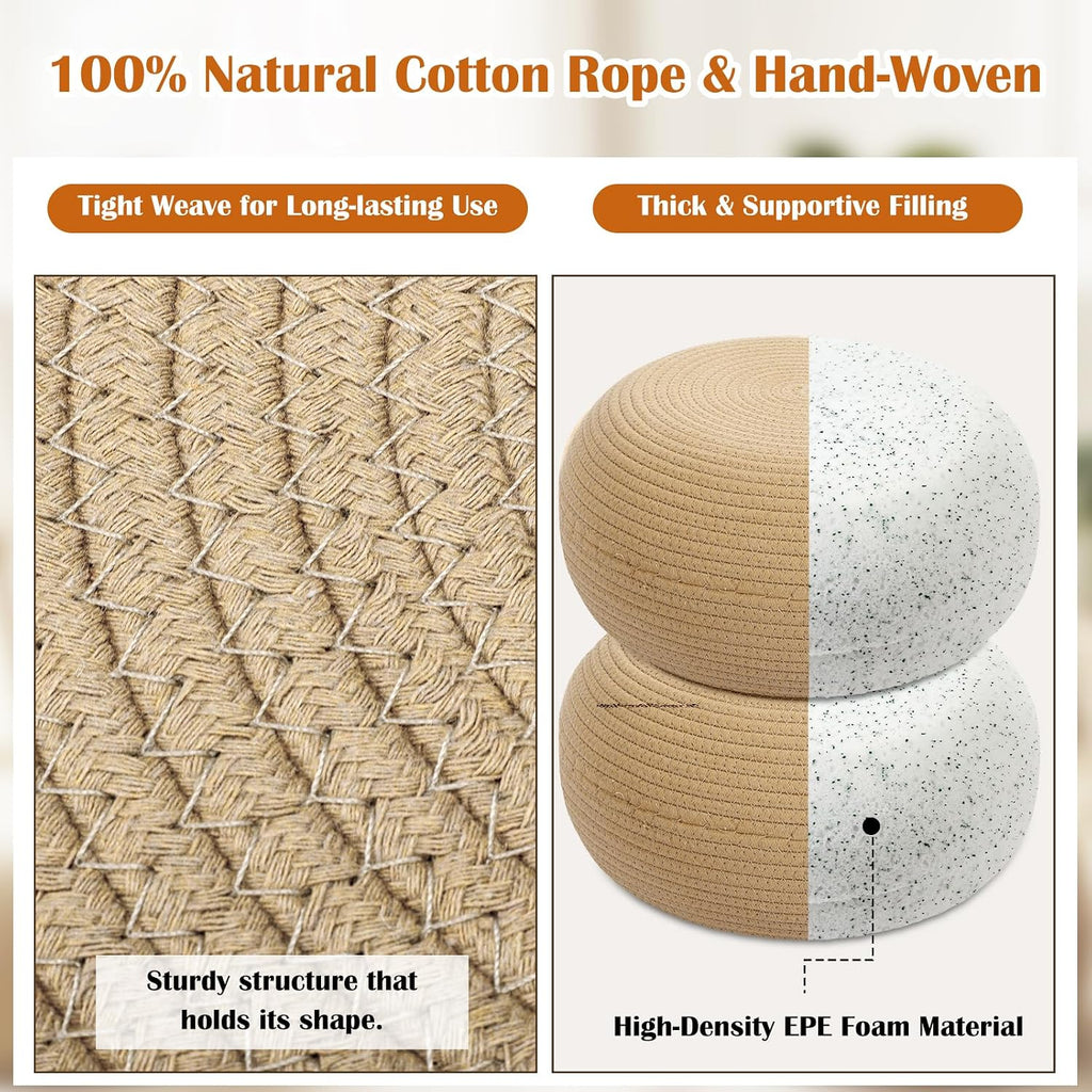 2 Pcs Handmade Round Cotton Knitted Low Pouf Ottoman - Set of 2