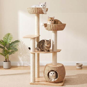 54in Wooden Cat Tree for Large Indoor Cats, Modern Tall Cat Tower