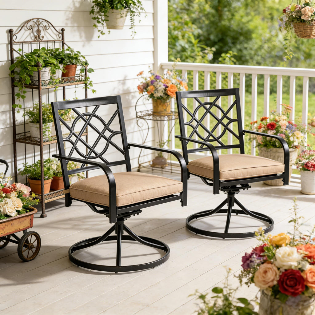 Outdoor Dining Swivel Chairs Set of 2, Metal Frame Patio Chair Rocker with Brown Cushion for Garden, Bistro